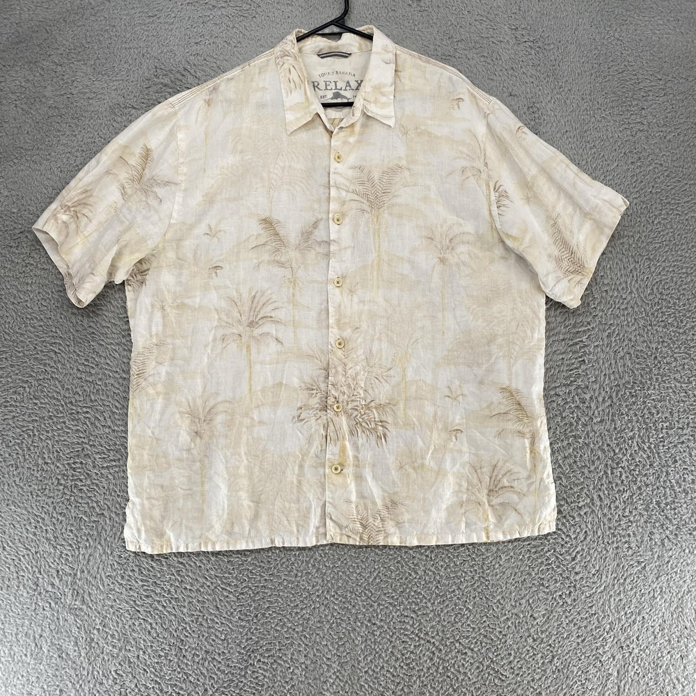 Tommy Bahama Relax Camp Shirt Mens XL Beige Palm Linen Hawaiian Tropical Print
